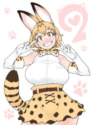 Rule 34 | 1girl, animal ears, blush, booth tomato, bow, bowtie, breasts, brown eyes, brown skirt, double v, elbow gloves, gloves, grin, highres, kemono friends, large breasts, looking at viewer, orange hair, parted lips, serval (kemono friends), serval print, short hair, skirt, smile, solo, tail, teeth, traditional bowtie, v, white gloves