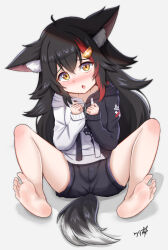 Rule 34 | 1girl, absurdres, animal ear fluff, animal ears, bare legs, barefoot, black hair, blush, boppin, fang, feet, hair ornament, highres, hololive, long hair, looking at viewer, multicolored hair, no shoes, ookami mio, ookami mio (casual), red hair, skin fang, soles, spread legs, streaked hair, tail, toes, two-tone hoodie, virtual youtuber, wolf ears, wolf girl, wolf tail, yellow eyes