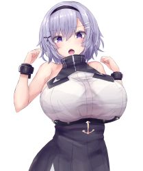 Rule 34 | 1girl, anchor, arms up, azur lane, bare shoulders, black hairband, blush, bra visible through clothes, breasts, grey hair, hair between eyes, hair ornament, hairband, hairclip, highres, huge breasts, large breasts, looking at viewer, open mouth, purple eyes, reno (azur lane), see-through, shirt, short hair, simple background, skirt, sleeveless, solo, wet, wet clothes, wet shirt, white background, yuuki shuri