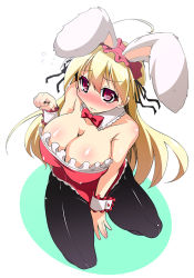 Rule 34 | 1girl, animal ears, bare shoulders, black pantyhose, blonde hair, blush, breasts, cleavage, fake animal ears, kouki kuu, large breasts, leotard, long hair, md5 mismatch, original, pantyhose, paw pose, playboy bunny, rabbit ears, red eyes, resolution mismatch, simple background, solo, source smaller, wrist cuffs