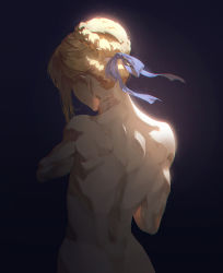 Rule 34 | 1girl, artoria pendragon (all), artoria pendragon (fate), back, back focus, black background, blonde hair, blue ribbon, braid, chromatic aberration, cowboy shot, fajyobore, fate/stay night, fate (series), french braid, from behind, hand on own neck, highres, muscular, muscular back, muscular female, nude, ribbon, saber (fate), simple background, solo