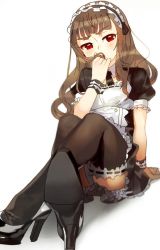Rule 34 | 1girl, alternate costume, arm support, bad id, bad twitter id, black footwear, black legwear, blunt bangs, brown hair, commentary, covering own mouth, crossed legs, enmaided, frilled skirt, frilled sleeves, frills, hair down, hairband, hand over own mouth, high heels, holding, holding own hair, idolmaster, idolmaster cinderella girls, kamiya nao, lolita hairband, looking away, maid, puffy sleeves, red eyes, rn p, short sleeves, simple background, sitting, skirt, solo, thick eyebrows, white background, wrist cuffs