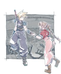 Rule 34 | 1boy, 1girl, aerith gainsborough, armor, baggy pants, bandaged arm, bandages, bangle, belt, black footwear, blonde hair, blue eyes, blue pants, blue shirt, boots, bracelet, braid, braided ponytail, brown belt, brown footwear, brown gloves, brown hair, buster sword, closed mouth, cloud strife, cropped jacket, dress, final fantasy, final fantasy vii, full body, gloves, hair between eyes, hair ribbon, holding hands, jacket, jewelry, laughing, long dress, long hair, looking at another, michibata 65, on rooftop, open mouth, pants, parted bangs, pink dress, pink ribbon, puffy short sleeves, puffy sleeves, red jacket, ribbon, shirt, short hair, short sleeves, shoulder armor, sidelocks, single bare shoulder, single braid, single shoulder pad, sleeveless, sleeveless turtleneck, smile, spiked hair, suspenders, turtleneck, weapon, weapon on back, white background