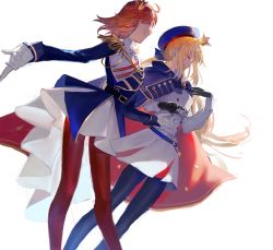 Rule 34 | 2girls, artoria caster (fate), artoria caster (second ascension) (fate), artoria pendragon (fate), black gloves, black pantyhose, blonde hair, blue jacket, buttons, closed eyes, double-breasted, dress, dutch angle, fate/grand order, fate (series), fujimaru ritsuka (female), fujimaru ritsuka (female) (halloween royalty), gloves, highres, jacket, multiple girls, official alternate costume, orange eyes, orange hair, pantyhose, red legwear, short hair, smile, ubwmitekure, white background, white dress, white gloves