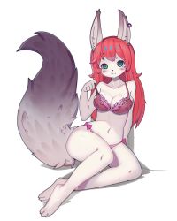 Rule 34 | 1girl, :3, absurdres, animal ears, animal nose, blush, body fur, bow, bow panties, bra, breasts, chinese commentary, collarbone, commentary, commission, costom10, earrings, furry, furry female, green eyes, highres, jewelry, long hair, looking at viewer, medium breasts, navel, original, panties, pink bra, pink panties, pulling, red hair, simple background, sitting, solo, tail, underwear, white fur
