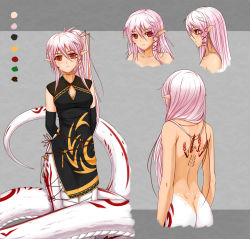 Rule 34 | 1girl, ass, back, breasts, butt crack, character sheet, china dress, chinese clothes, cleavage, dimples of venus, dress, gloves, lamia, long hair, midnight (banyex), monster girl, pixiv fantasia, pixiv fantasia new world, red eyes, scar, smile, solo, tail, tattoo