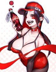 Rule 34 | 1girl, :d, ass, bandaid, bandaid on face, black hair, black pantyhose, bottle, breasts, cleavage, coca-cola, collar, collarbone, covered erect nipples, covered navel, detached sleeves, dress, earrings, grin, hat, holding, holding bottle, jewelry, kmpym, large breasts, long hair, looking at viewer, nail polish, open mouth, original, pantyhose, red dress, red eyes, red hair, red nails, sharp teeth, smile, solo, teeth