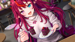 Rule 34 | + +, 1girl, :d, aqua eyes, bar stool, blueberry, blurry, blush, breasts, cake, chocolate cake, crystal wings, depth of field, detached wings, earrings, fingernails, food, fruit, grey sweater, heterochromia, holding, holding plate, hololive, hololive english, indoors, irys (hololive), jewelry, large breasts, long fingernails, long sleeves, looking at viewer, multicolored hair, nail polish, necklace, open mouth, pensuke, pink eyes, pink nails, plate, pointy ears, purple hair, red hair, sitting, smile, solo, stool, streaked hair, sweater, two-tone hair, virtual youtuber, wings