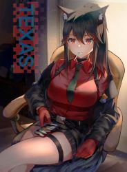 Rule 34 | 1girl, absurdres, animal ears, arknights, black hair, black jacket, black necktie, black skirt, breasts, cellphone, chair, character name, collared shirt, crossed legs, gloves, hair between eyes, highres, holding, holding phone, indoors, jacket, large breasts, lims (neko2lims), long hair, long sleeves, looking at viewer, miniskirt, mouth hold, necktie, off shoulder, official alternate costume, open clothes, open jacket, orange eyes, parted lips, phone, ponytail, red gloves, red shirt, shirt, sidelocks, sitting, skirt, smartphone, smile, solo, striped clothes, striped skirt, tail, texas (arknights), texas (willpower) (arknights), thigh strap, vertical-striped clothes, vertical-striped skirt, wolf ears, wolf girl, wolf tail