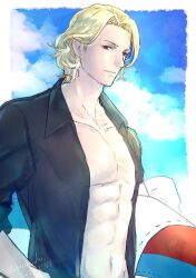 Rule 34 | 1boy, blonde hair, closed mouth, cloud, cloudy sky, fire emblem, fire emblem fates, fire emblem heroes, highres, holding floatie, looking at viewer, male focus, nintendo, official alternate costume, open clothes, open shirt, red eyes, sky, ultrablueanya, upper body, xander (fire emblem), xander (summer) (fire emblem)