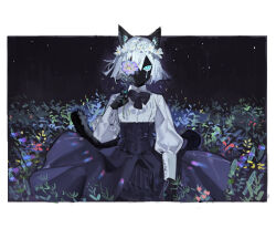 Rule 34 | 1girl, animal ears, arm at side, black background, black bow, black bowtie, black skin, black skirt, blue eyes, blue nails, border, bow, bowtie, cat ears, cat girl, cat tail, claws, colored skin, cowboy shot, crying, crying with eyes open, field, flower, flower over eye, hand up, head wreath, high-waist skirt, holding, holding flower, long sleeves, looking at viewer, nail polish, night, no eyebrows, no mouth, original, outdoors, plant, puffy long sleeves, puffy sleeves, purple flower, shirt, short hair, skirt, solo, starshadowmagician, tail, tears, white border, white flower, white hair, white shirt