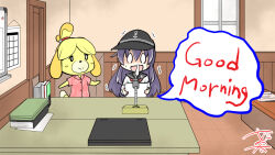Rule 34 | 0 0, 2girls, akatsuki (kancolle), anchor symbol, animal crossing, black hair, black headwear, blush stickers, book, calendar (object), commentary, computer, dog girl, flat cap, furry, furry female, hat, holding, holding paper, ichininmae no lady, indoors, isabelle (animal crossing), kantai collection, laptop, microphone, multiple girls, neckerchief, nervous, nervous sweating, nintendo, nyonyonba tarou, open mouth, paper, phone, pink shirt, red neckerchief, sailor collar, shaded face, shirt, signature, snot, snot trail, speech bubble, sweat, sweatdrop, trembling, white shirt, whiteboard, window