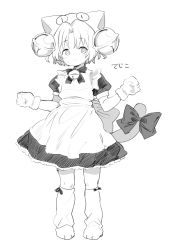 Rule 34 | 1girl, apron, atage, bell, bow, bright pupils, cat tail, closed mouth, dejiko, di gi charat, greyscale, hair bell, hair ornament, hands up, hat, jingle bell, looking at viewer, maid, maid apron, monochrome, neck bell, paw shoes, puffy short sleeves, puffy sleeves, short sleeves, simple background, smile, solo, tail, tail bow, tail ornament, white background, white pupils