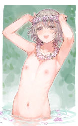 Rule 34 | 1boy, androgynous, armpits, arms up, bad id, bad pixiv id, blush, c.cu, collarbone, commentary request, flat chest, flower, flower necklace, jewelry, male focus, navel, necklace, nipples, nude, open mouth, original, partially submerged, solo, trap, water, wreath
