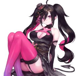 Rule 34 | 1girl, ahoge, ass, black dress, black hair, blush, breasts, cleavage, cleavage cutout, closed mouth, clothing cutout, collarbone, commentary request, demon girl, demon tail, detached sleeves, dress, feet out of frame, garter straps, gem, hair between eyes, hat, lace, large breasts, long hair, long sleeves, looking at viewer, mini hat, multicolored hair, nijisanji, pink eyes, pink hair, pink thighhighs, pointy ears, revision, shu-mai, simple background, sitting, smile, solo, tail, thighhighs, thighs, twintails, two-tone hair, very long hair, virtual youtuber, white background, yamiyono moruru
