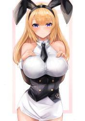 Rule 34 | 1girl, absurdres, animal ears, armpit crease, astoria (azur lane), astoria (black bunny carnival) (azur lane), azur lane, bare shoulders, black corset, black necktie, blonde hair, blue eyes, blunt bangs, blush, breasts, closed mouth, collarbone, collared shirt, commentary, corset, cowboy shot, fake animal ears, hair between eyes, hands on own chest, highres, large breasts, long hair, looking at viewer, necktie, official alternate costume, rabbit ears, ryara, shirt, sidelocks, simple background, skirt, sleeveless, sleeveless shirt, smile, solo, standing, white background, white shirt, white skirt