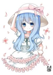 Rule 34 | 10s, 1girl, blue eyes, blue hair, clothes lift, date a live, eyepatch, flower, hand on headwear, hat, hat ribbon, highres, long hair, looking at viewer, matching hair/eyes, petals, ribbon, skirt, skirt lift, smile, solo, yagi-san (wintersky), yoshino (date a live), yoshinon