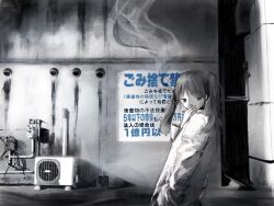 Rule 34 | 1girl, air conditioner, ccnaov, cigarette, covering own mouth, hand in pocket, hand over own mouth, hand up, holding, holding cigarette, industrial pipe, long hair, long sleeves, looking at viewer, monochrome, original, outdoors, road, shirt, sign, smoke, smoking, solo, spot color, standing, street, twintails, upper body