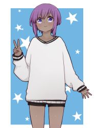 Rule 34 | 1girl, black shorts, blue background, blush, closed mouth, dark skin, dark-skinned female, fate/prototype, fate/prototype: fragments of blue and silver, fate (series), hand up, hassan of serenity (fate), i.u.y, long sleeves, purple eyes, purple hair, short shorts, shorts, sidelocks, sleeves past wrists, smile, solo, star (symbol), starry background, sweat, sweater, two-tone background, v, white background, white sweater