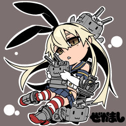 Rule 34 | 10s, 1girl, :3, anchor, anchor hair ornament, blonde hair, brown eyes, character name, chibi, elbow gloves, gloves, grey background, hair ornament, hair ribbon, hairband, kantai collection, long hair, omiya (louise-louis-lucille), patterned legwear, personification, red stripes, red thighhighs, rensouhou-chan, ribbon, sailor collar, school uniform, serafuku, shimakaze (kancolle), simple background, solo, striped clothes, striped thighhighs, thighhighs, two-tone stripes, white gloves, white stripes