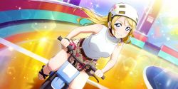 Rule 34 | 1girl, absurdres, alternate hairstyle, artist name, artist request, ayase eli, bare legs, bare shoulders, barefoot sandals (jewelry), belt, bicycle, blonde hair, blue eyes, blush, breasts, brown belt, brown skirt, crescent, crescent necklace, feet, female focus, floral print, flower print, hair between eyes, helmet, highres, jewelry, light brown skirt, long hair, looking at viewer, love live!, love live! school idol festival, love live! school idol festival all stars, love live! school idol project, medium breasts, miniskirt, necklace, parted lips, plaid, plaid skirt, pleated, pleated skirt, queen of the circuit (love live!), riding, riding bicycle, riding bike, sandals, shirt, skirt, sleeveless, sleeveless shirt, smile, solo, sparkle, white headwear, white shirt