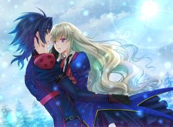 Rule 34 | 1boy, 1girl, arm strap, armband, backlighting, black gloves, black necktie, blush, code geass, code geass: boukoku no akito, couple, eye contact, face-to-face, gloves, hand on another&#039;s cheek, hand on another&#039;s face, hetero, hyuuga akito, juliet sleeves, komaichi, long sleeves, looking at another, military, military uniform, necktie, pilot suit, puffy sleeves, snowing, sunlight, uniform