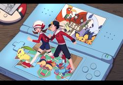 Rule 34 | 1boy, 1girl, backwards hat, baseball cap, black hair, black headwear, black pants, blue overalls, bow, brown eyes, brown hair, cabbie hat, celebi, chikorita, clenched hands, closed mouth, commentary request, creatures (company), cyndaquil, ethan (pokemon), game freak, gen 1 pokemon, gen 2 pokemon, handheld game console, hat, hat bow, highres, ho-oh, jacket, legendary pokemon, letterboxed, long hair, long sleeves, lugia, lyra (pokemon), mythical pokemon, nintendo, nintendo ds, outline, overalls, pants, pichu, pikachu, pokemon, pokemon (creature), pokemon hgss, pokewalker, red bow, red footwear, red jacket, red shirt, shirt, shoes, short hair, thighhighs, totodile, twintails, tyako 089, unown, white headwear