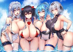 Rule 34 | 4girls, :d, absurdres, alicia renato (yashiro sousaku), apron, arm strap, bare shoulders, bikini, black bikini, black hair, black one-piece swimsuit, blue eyes, blue hair, blush, breasts, choker, cleavage, closed mouth, collarbone, commentary request, commission, covered erect nipples, crossed legs, detached collar, flower, frills, glasses, gloves, gluteal fold, grey hair, hair flower, hair ornament, hand on own hip, highres, huge breasts, hyouka (yashiro sousaku), jewelry, long hair, looking at viewer, maid headdress, multiple girls, necklace, one-piece swimsuit, one eye closed, open mouth, original, ortina lillibel (yashiro sousaku), outdoors, paisu-chan (yashiro sousaku), partially submerged, ponytail, purple eyes, short hair, side-tie bikini bottom, sideboob, smile, swimsuit, thigh gap, thigh strap, thighs, tongue, tongue out, toriatto gununu, water, white apron, white gloves, yellow eyes