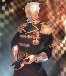 Rule 34 | 1boy, asa (y-asa), ascot, badge, blue eyes, checkered background, epaulettes, facial hair, german text, male focus, medal, military, military uniform, mustache, old, old man, original, sheath, sheathed, solo, sword, translated, uniform, weapon