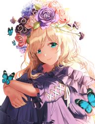 Rule 34 | 1girl, aqua eyes, bare shoulders, blonde hair, blush, bug, butterfly, closed mouth, colored eyelashes, commentary, cross-laced clothes, dress, feet out of frame, flower, frilled dress, frilled sleeves, frills, hair flower, hair ornament, hugging own legs, insect, knees up, leaf, long hair, looking at viewer, nail polish, off-shoulder dress, off shoulder, original, pink flower, pink lips, pink rose, purple dress, purple flower, purple nails, purple rose, rose, short sleeves, silence girl, simple background, sitting, smile, solo, swept bangs, symbol-only commentary, white background