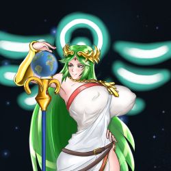 Rule 34 | 1girl, absurdres, breasts, covered erect nipples, earth (planet), female focus, giant, giantess, green eyes, green hair, highres, huge breasts, kid icarus, la potato, long hair, matching hair/eyes, nintendo, palutena, planet, solo
