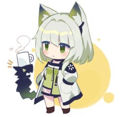 Rule 34 | 1girl, animal ear fluff, animal ears, arknights, cat ears, cat girl, chibi, closed mouth, commentary, cup, dress, green dress, green eyes, green hair, hands in pockets, kal&#039;tsit (arknights), long hair, mon3tr (arknights), mug, nicole (lion), see-through