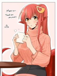 Rule 34 | 1girl, absurdres, aran sweater, blush, breasts, cable knit, commission, commissioner upload, fingernails, hair between eyes, hair ornament, highres, lamia, long hair, looking at viewer, medium breasts, miia (monster musume), monster girl, monster musume no iru nichijou, pointy ears, ponytail, red hair, scales, sidelocks, sitting, skeb commission, skirt, slit pupils, solo, suika aji, sweater, table, yellow eyes