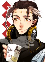 Rule 34 | 1boy, 91, 91 (ichi0630), bad id, bad pixiv id, big al, brown hair, cup, face, headphones, headphones around neck, male focus, mug, scar, smile, solo, stitches, vocaloid, yellow eyes
