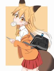 Rule 34 | 1girl, adapted costume, amamotan2, animal ears, bad id, bad twitter id, bag, blush, bow, bowtie, collared shirt, commentary request, cowboy shot, extra ears, ezo red fox (kemono friends), food, food in mouth, fox ears, fox tail, jacket, kemono friends, lucky beast (kemono friends), multicolored hair, orange bow, orange bowtie, orange eyes, orange hair, orange jacket, pleated skirt, red skirt, school bag, school uniform, shirt, shirt on shoulders, simple background, skirt, solo, tail, white hair, white shirt