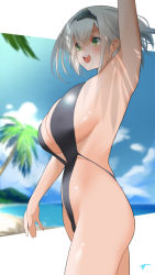 Rule 34 | 1girl, bare shoulders, black one-piece swimsuit, blue sky, blush, breasts, c@rbon, green eyes, hairband, highres, hololive, large breasts, looking at viewer, one-piece swimsuit, open mouth, shirogane noel, short hair, sideboob, silver hair, sky, slingshot swimsuit, smile, solo, swimsuit, thighs, virtual youtuber