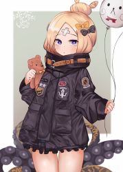 Rule 34 | 1girl, abigail williams (fate), abigail williams (traveling outfit) (fate), balloon, bandaid, bandaid on face, bandaid on forehead, belt, black bow, black jacket, blonde hair, blue eyes, blush, bow, breasts, cla (finesoda), crossed bandaids, fate/grand order, fate (series), forehead, hair bow, hair bun, heroic spirit traveling outfit, high collar, highres, jacket, long hair, long sleeves, looking at viewer, multiple bows, official alternate costume, open mouth, orange belt, orange bow, parted bangs, polka dot, polka dot bow, single hair bun, sleeves past fingers, sleeves past wrists, small breasts, stuffed animal, stuffed toy, teddy bear, tentacles, thighs
