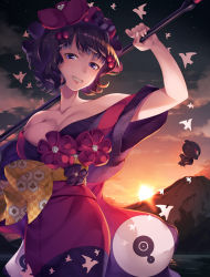 Rule 34 | 1girl, bare shoulders, breasts, commentary request, fate/grand order, fate (series), flower, grin, hair flower, hair ornament, japanese clothes, katsushika hokusai (fate), kimono, large breasts, looking at viewer, mountain, mukunokino isshiki, octopus, off shoulder, purple hair, purple kimono, short hair, smile, solo, sunset, tokitarou (fate)