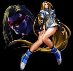 Rule 34 | 1boy, 1girl, arc system works, blindfold, blonde hair, blue eyes, boots, fingerless gloves, gloves, guilty gear, legs, long hair, long legs, micchii (mitchiee), millia rage, thighs, very long hair, zato-1