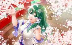 Rule 34 | 1girl, :d, arm up, bare shoulders, breasts, bridge, cherry blossoms, collared vest, day, detached sleeves, frog hair ornament, green eyes, green hair, hair between eyes, hair ornament, hair tubes, kochiya sanae, long hair, medium breasts, nora wanko, open mouth, outdoors, short sleeves, single sidelock, smile, snake hair ornament, solo, sparkle, spring (season), tareme, touhou, tree, upper body, vest, white vest