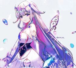 Rule 34 | 1girl, artist request, blush, breasts, crystal, detached sleeves, dress, gradient hair, grey background, highres, hololive, hololive english, koseki bijou, long hair, medium breasts, multicolored hair, purple hair, smile, virtual youtuber, white background