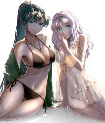 Rule 34 | 2girls, alternate costume, bikini, black bikini, blue eyes, bow, breasts, cleavage, closed mouth, collarbone, commentary request, delsaber, earrings, fire emblem, fire emblem: the blazing blade, florina (fire emblem), green hair, green jacket, hair bow, hair intakes, highres, jacket, jewelry, large breasts, long hair, looking at viewer, lyn (fire emblem), medium breasts, multiple girls, navel, nintendo, off shoulder, parted bangs, ponytail, purple hair, see-through, shadow, simple background, sitting, smile, stomach, swimsuit, very long hair, wavy hair, wet, white background, white bikini, white bow