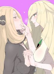Rule 34 | 2girls, after kiss, alternate breast size, bad id, bad twitter id, blonde hair, blush, breasts, brown eyes, colored skin, creatures (company), cynthia (pokemon), fur trim, game freak, green eyes, hair ornament, hair over one eye, heart, highres, holding hands, ikuchan kaoru, large breasts, long hair, looking at another, lusamine (pokemon), multicolored skin, multiple girls, nintendo, open mouth, pokemon, pokemon dppt, pokemon sm, saliva, saliva trail, sweat, very long hair, yuri