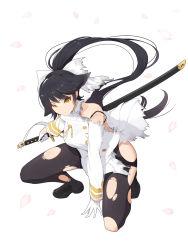 Rule 34 | 1girl, absurdly long hair, arm support, azur lane, between legs, black footwear, black hair, black pantyhose, bow, commentary request, full body, hair bow, hand between legs, high ponytail, highres, holding, holding sword, holding weapon, jacket, katana, koflif, loafers, long hair, military jacket, on one knee, pantyhose, petals, pleated skirt, ponytail, sheath, sheathed, shoes, simple background, skirt, solo, sword, takao (azur lane), thighband pantyhose, torn bow, torn clothes, torn jacket, torn pantyhose, torn skirt, very long hair, weapon, white background, white bow, white jacket, white skirt