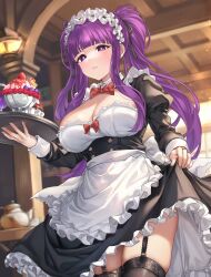 Rule 34 | 1girl, absurdres, alternate costume, apron, black dress, black ribbon, black thighhighs, blunt bangs, blurry, blurry background, bow, bowtie, breasts, cleavage, collared dress, commentary request, cowboy shot, dessert, dress, enmaided, fern (sousou no frieren), food, frilled apron, frilled dress, frilled hairband, frills, garter straps, hair ribbon, hairband, highres, holding, holding tray, ice cream, ice cream cup, indoors, juliet sleeves, large breasts, light blush, long hair, long sleeves, looking at viewer, maid, parted lips, puffy sleeves, purple eyes, purple hair, purple pupils, red bow, red bowtie, ribbon, shashaki, sidelocks, skirt hold, solo, sousou no frieren, standing, teapot, teeth, thighhighs, tray, twintails day, waist apron, white apron