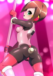 Rule 34 | 1girl, aile (mega man zx), aqua eyes, ass, blush, bodysuit, breasts, brown hair, cameltoe, capcom, cosplay, covered erect nipples, covered navel, female focus, gloves, hair between eyes, highres, impossible bodysuit, impossible clothes, leg up, looking at viewer, looking back, mega man (series), mega man battle network, mega man zx, open mouth, pink gloves, pole, roll.exe (mega man) (cosplay), short hair, skin tight, small breasts, solo, stripper pole, xenoxeno