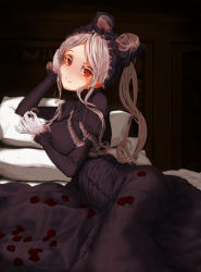 Rule 34 | black dress, gloves, indoors, long hair, looking at viewer, on bed, overlord (maruyama), petals, pillow, red eyes, rose petals, shalltear bloodfallen, tagme, vampire, white gloves, white hair