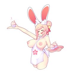 Rule 34 | 1girl, animal ears, apron, arm up, bare shoulders, bell, between breasts, breasts, breasts apart, breasts out, closed eyes, clothes between breasts, cowboy shot, cropped legs, cupcake, curvy, double bun, fiz (fizintine), fizintine, food, hair bell, hair bun, hair ornament, highres, holding, huge breasts, naked apron, nipples, open mouth, original, pink hair, plate, rabbit ears, rabbit tail, sidelocks, simple background, smile, swept bangs, tail, thick thighs, thighs, white background