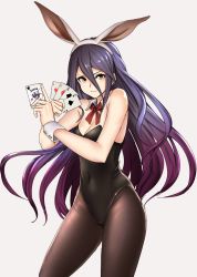 Rule 34 | 10s, 1girl, ace (playing card), ace of clubs, ace of diamonds, ace of hearts, ace of spades, animal ears, bare shoulders, black hair, card, club (shape), clubs, covered navel, detached collar, diamond (shape), diamonds, fake animal ears, gradient hair, granblue fantasy, hair between eyes, hakuduki18, heart, highres, joker (playing card), leotard, long hair, looking at viewer, multicolored hair, pantyhose, playboy bunny, playing card, purple hair, rabbit ears, rosamia (granblue fantasy), smile, solo, spade, spade (shape), very long hair, wrist cuffs, yellow eyes