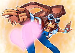 Rule 34 | 1girl, ;d, animal ears, blowing kiss, blue bodysuit, bodysuit, brown eyes, brown hair, cropped jacket, fingerless gloves, gloves, goggles, goggles on head, heart, leaning, makihara arina, one eye closed, open mouth, orange background, rabbit ears, short hair, smile, solo, waku waku 7, wink, zero jager